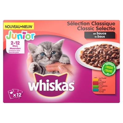 Whiskas multipack pouch junior classic selectie vlees in saus product afbeelding